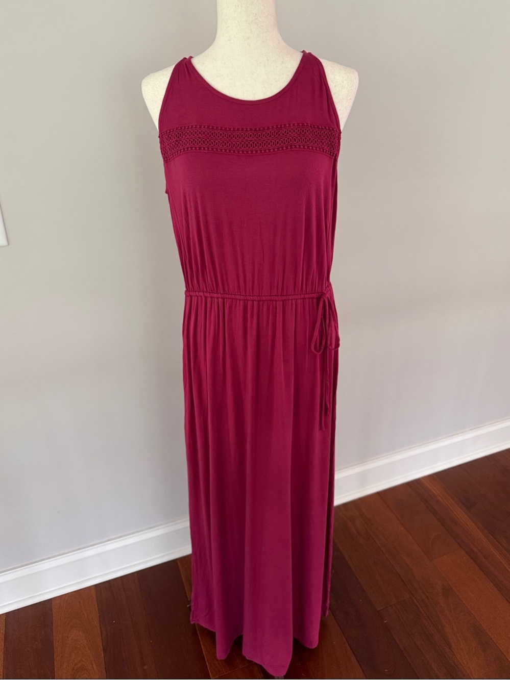 LOFT Burgundy Sleeveless Maxi Dress with Crochet Yoke